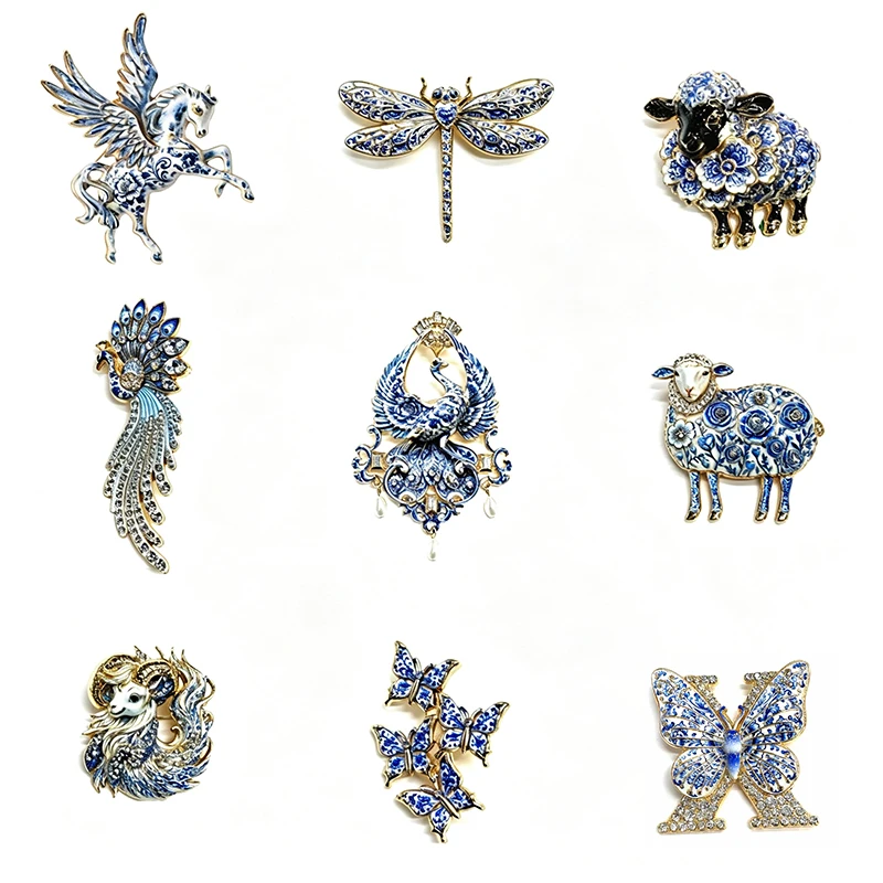 Blue White Porcelain Enamel Animal Brooches, Winged Horse Dragonfly Sheep Peacock Butterfly Beetle Rhinestone Lapel Pins