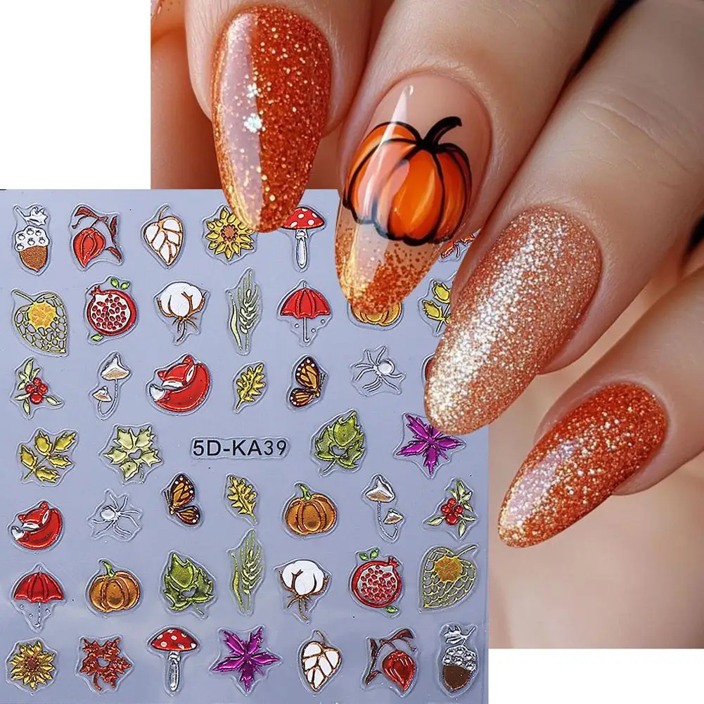 5D 메탈릭 가을 엠보싱 네일 스티커, 가을 나뭇잎, 호박, 버섯, 솔방울, 여우, 접착식 네일 아트 슬라이더, 매니큐어용
