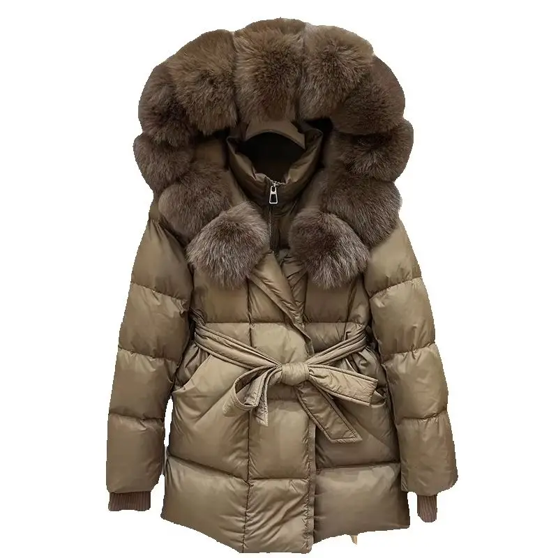 Damen Winter Langer Daunenmantel mit Echtem Fuchspelz, Großem Kragen, Kapuze, Taillengürtel, Warm, Modisch, Vielseitig, Lässiger Wintermantel