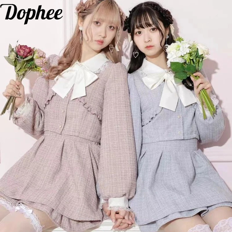 

Dophee оригинальные новые весенние милые комплекты принцессы, элегантная розовая куртка с рукавами-фонариками и бантом, пальто с высокой талией, шорты трапециевидной формы, костюмы с юбкой