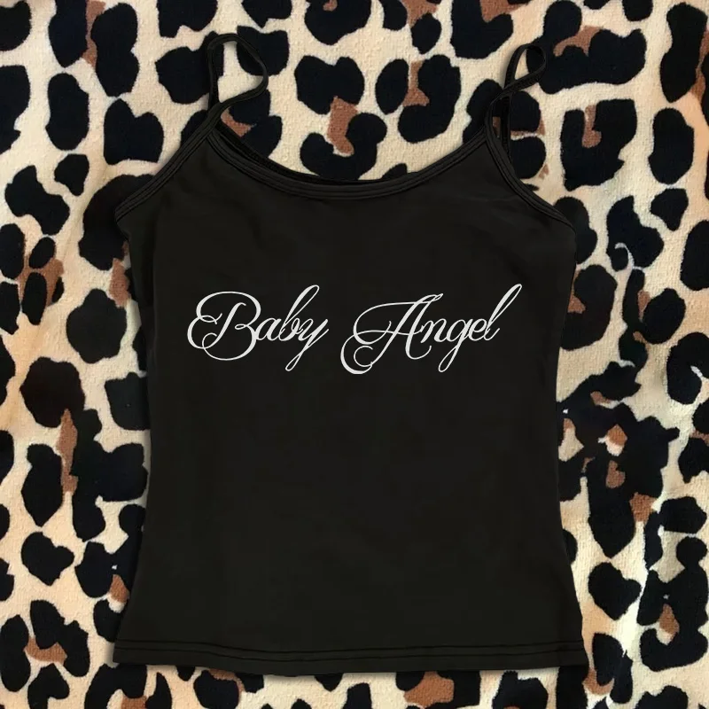 미적 고딕 펑크 베이비 티 빈티지 스트리트 여성 그래픽 프린트 그런지 티셔츠 Y2K 의류 귀여운 슬림 탱크탑 슬림 이모 캐미솔