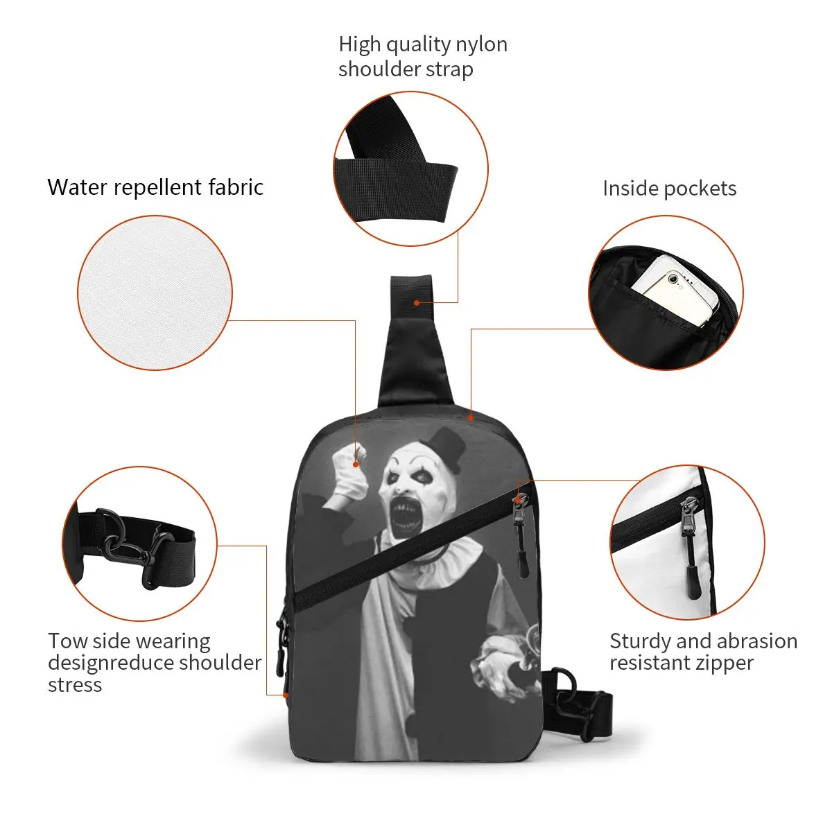 Fashion Halloween Movie Terrifier Sling Bags for Travel Hiking Men's Horror Clown Chest Crossbody Backpack Shoulder Daypack