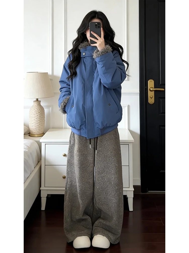 

Korean Style Blue Plush Cotton Parka Coat Women's Winter New Loose Thick Warm Outerwear Top Thickened Stand Collar Jacket