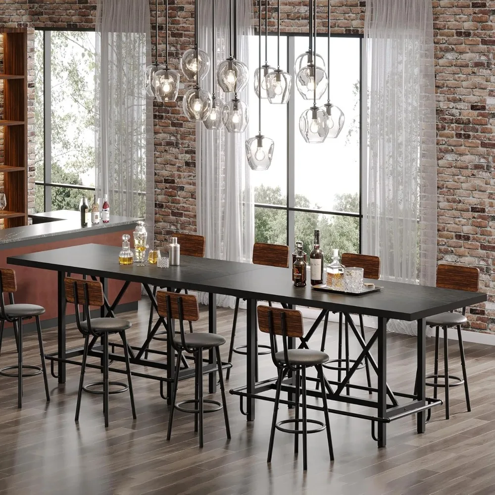 Bar Table, Industrial Counter Height Pub Table with Metal Footrest, 63-Inch Rectangle Wood Kitchen Dining Table with