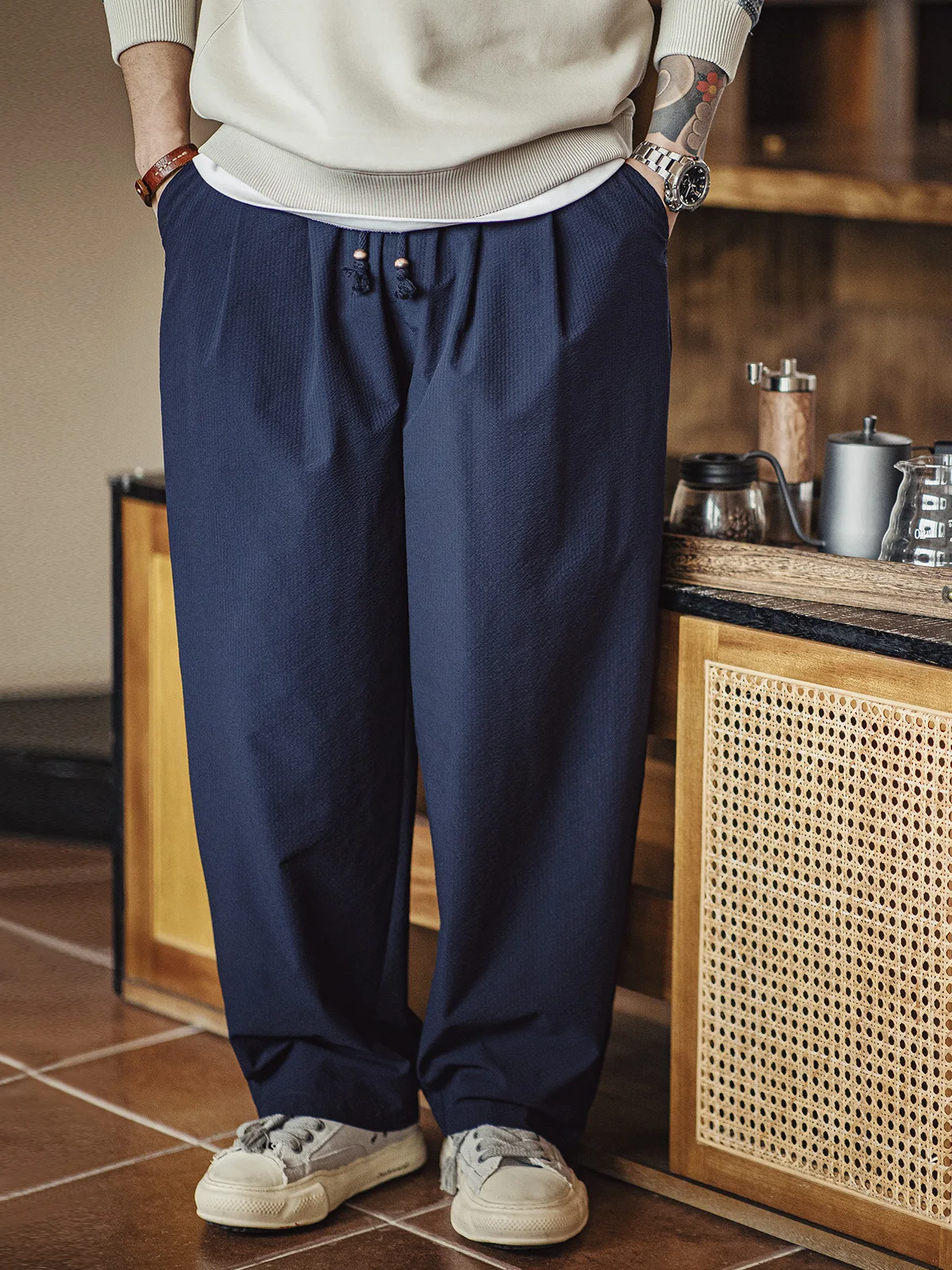 

Maden Casual Pants Men's Breathable Bubble Cloth Waisand Straight Leg Spring Summer Faionable American Sle Leisure Trou...