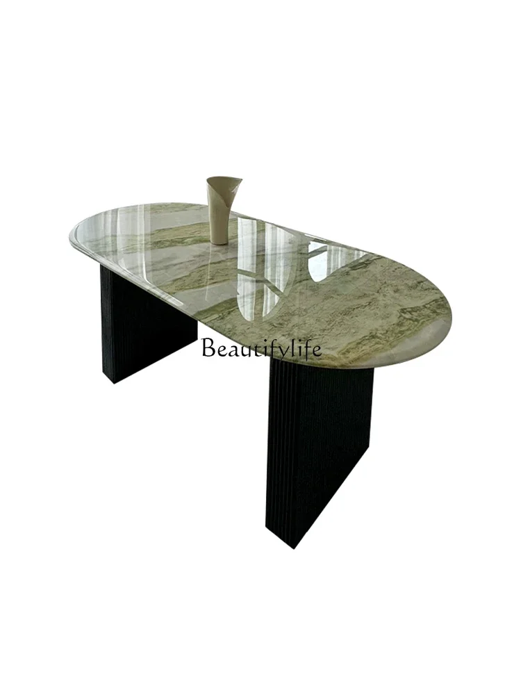 

ls 18Imported Pure Natural Green Luxury Stone Dining Table French Cream Style Modern Nordic Minimalist