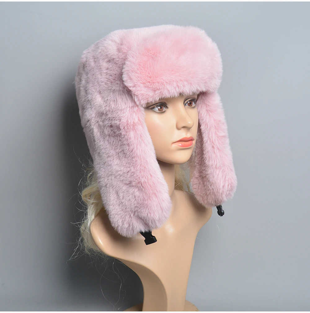 2024 Winter Russian Man Woman White Skin False Rex Rabbit Fur Hats Luxury False Rex Rabbit Fur Cap Unisex False Fur Bomber Hat