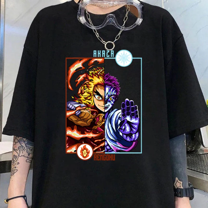 New Rengoku Kyoujurou Akaza Graphic Print Shirt Women Men Summer T-shirt Short Sleeve Fashion Personality Streetwear Casual Tops