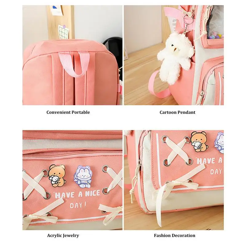 ชุดกระเป๋าเป้สะพายหลังสำหรับเด็กผู้หญิง5ชิ้นกระเป๋าเป้โรงเรียนสวยงามพร้อมหมุดและจี้ตุ๊กตาขนาดใหญ่กันน้ำน่ารักสำหรับสั้น