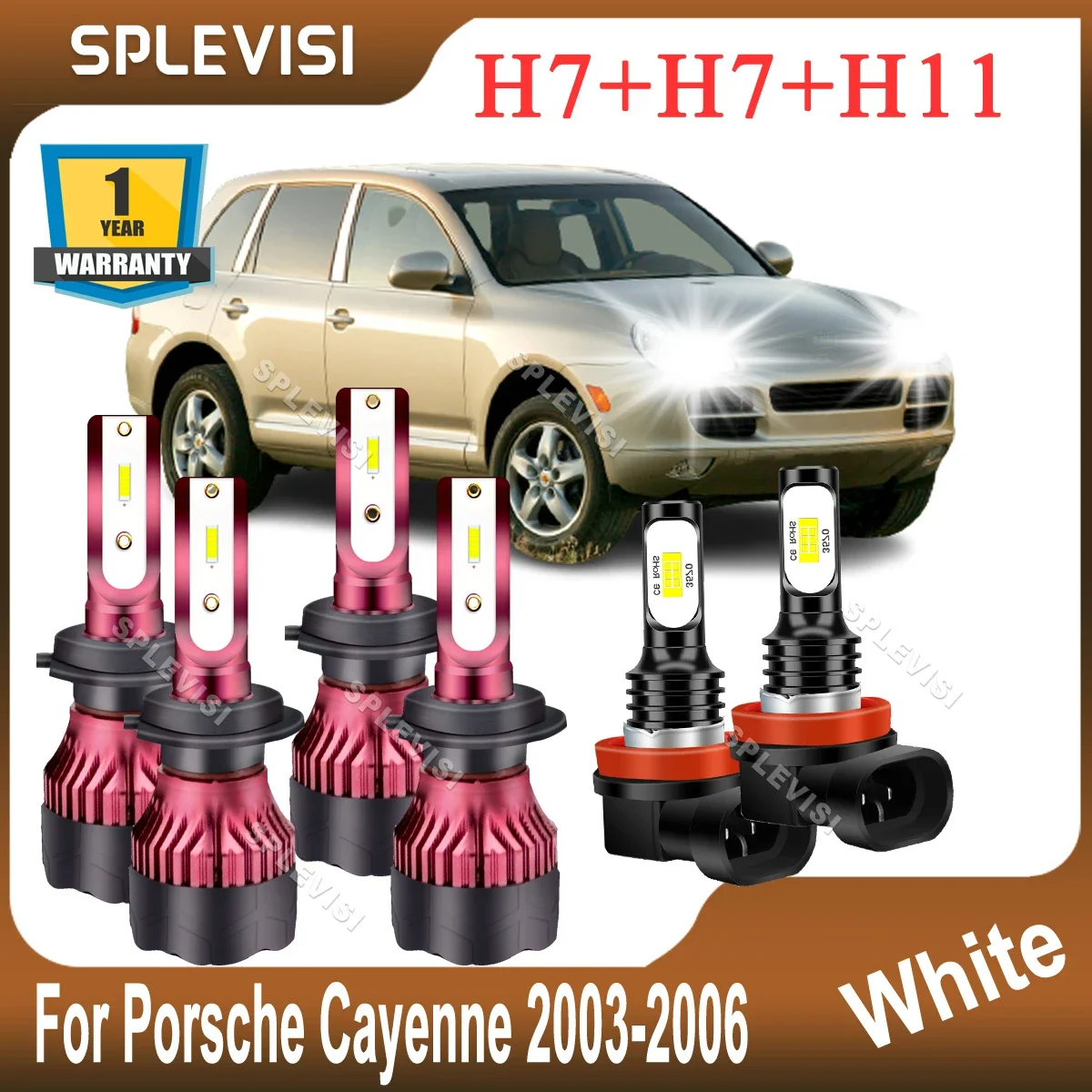 

LED Headlight Bulbs Combo Compatible For Porsche Cayenne 2003 2004 2005 2006 H7 Hi Low Beam + H11 FogLight White Plug and Play