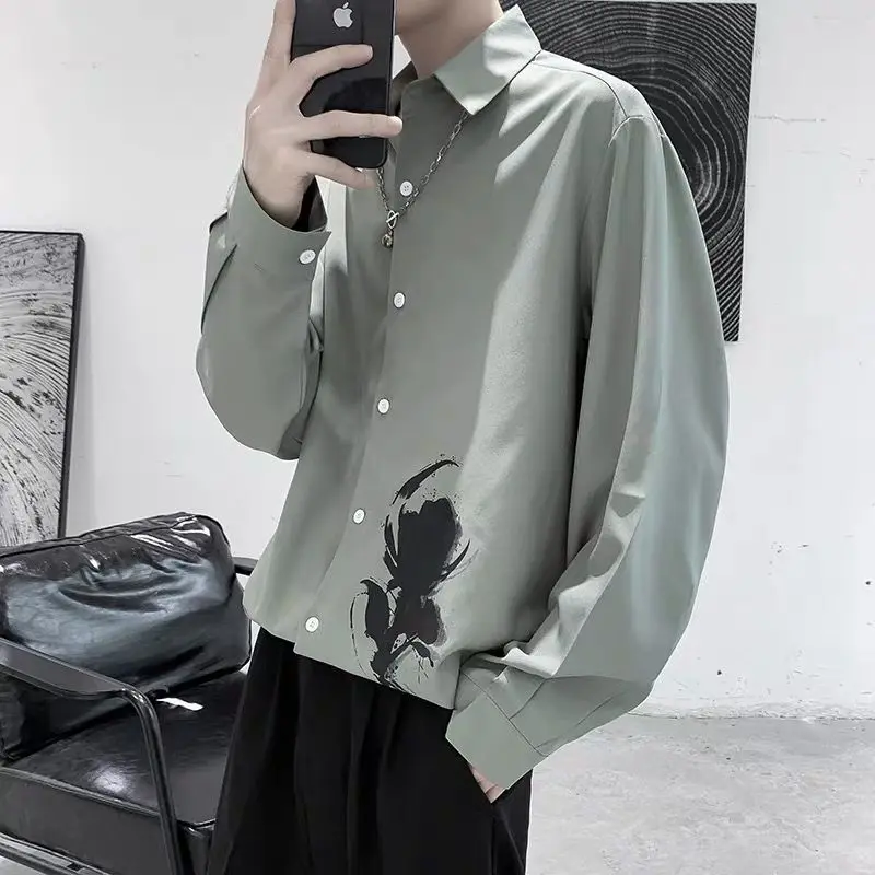 Japanese Trendy Men's 2024 Spring and Autumn New Splicing Square Collar Button Printed Fashion Loose Casual Long Sleeve Shirts