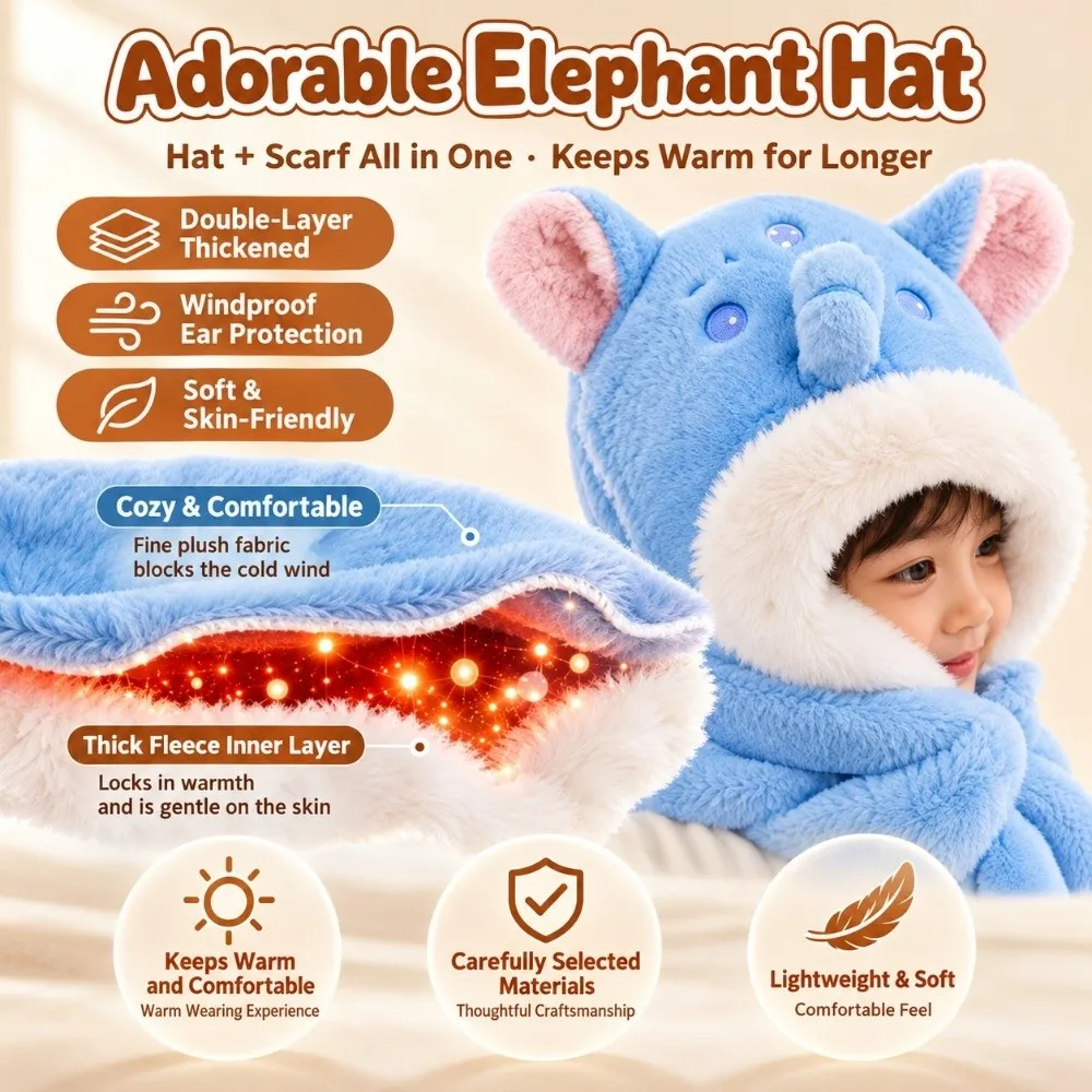 Cute 2-in-1 Winter Hat Windproof Ear Protection Children's Hooded Scarf Skin-friendly Keep Warm Hat Scarf Outdoor