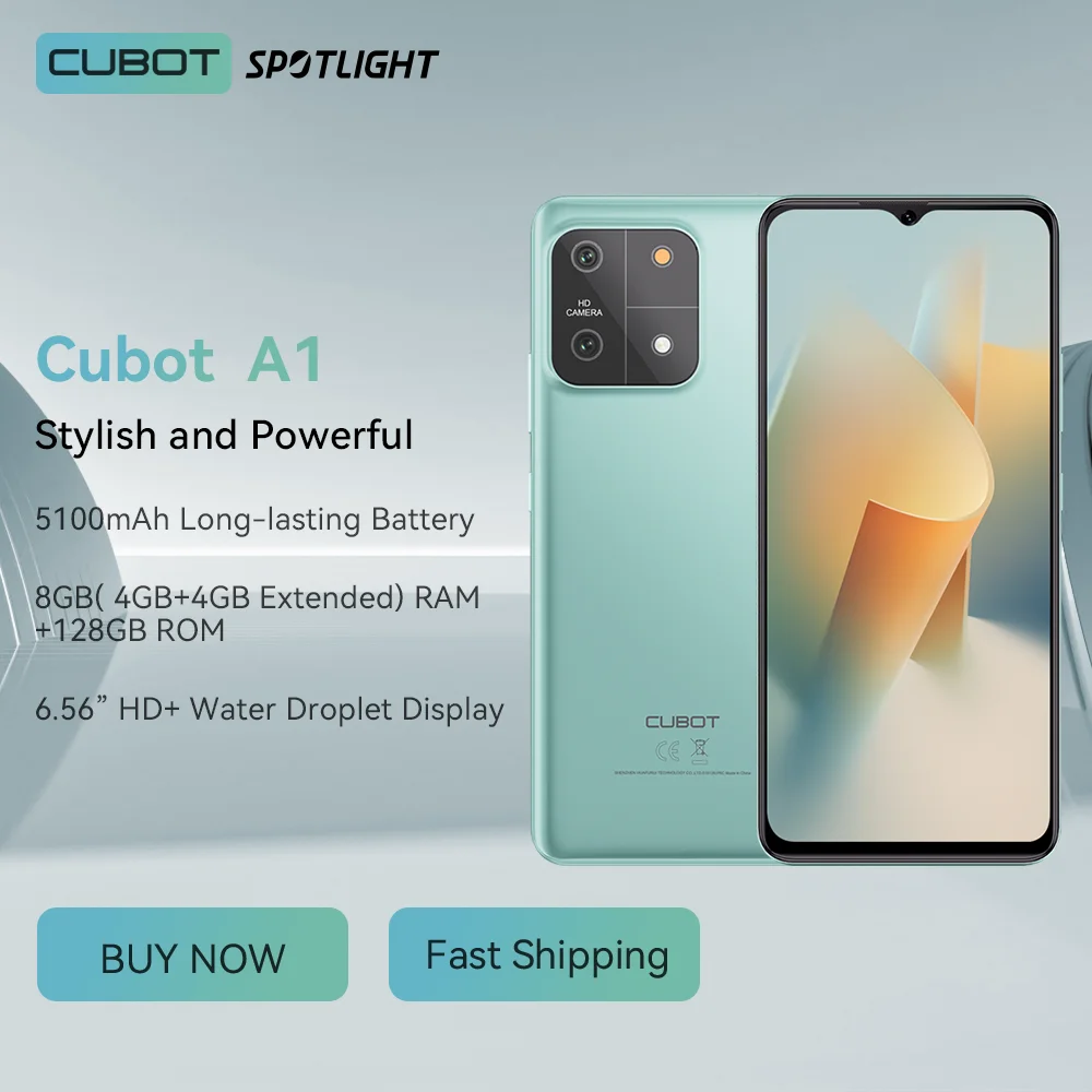 Cubot A1, Smartphone Android 13, Octa-core, 8GB RAM (4GB+4GB), 128GB ROM, 6.56'' HD+ Screen, 13MP Camera, 5100mAh, Face ID Phone