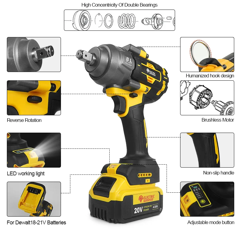 Image 5: Clé électrique sans balais à couple élevé 1000N · M, avec jeu de piles, grande Machine, clé de Service, outil pour batterie Dewalt 20V