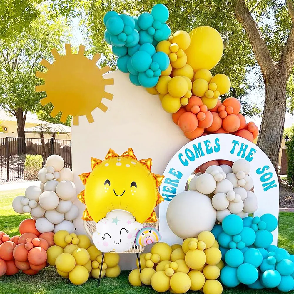 169 Pieces Here Comes the Son Balloon Arch Garland Set Lemon Yellow Orange Blue Sand White Balloon and Sun Aluminum Foil Balloon Suitable for First