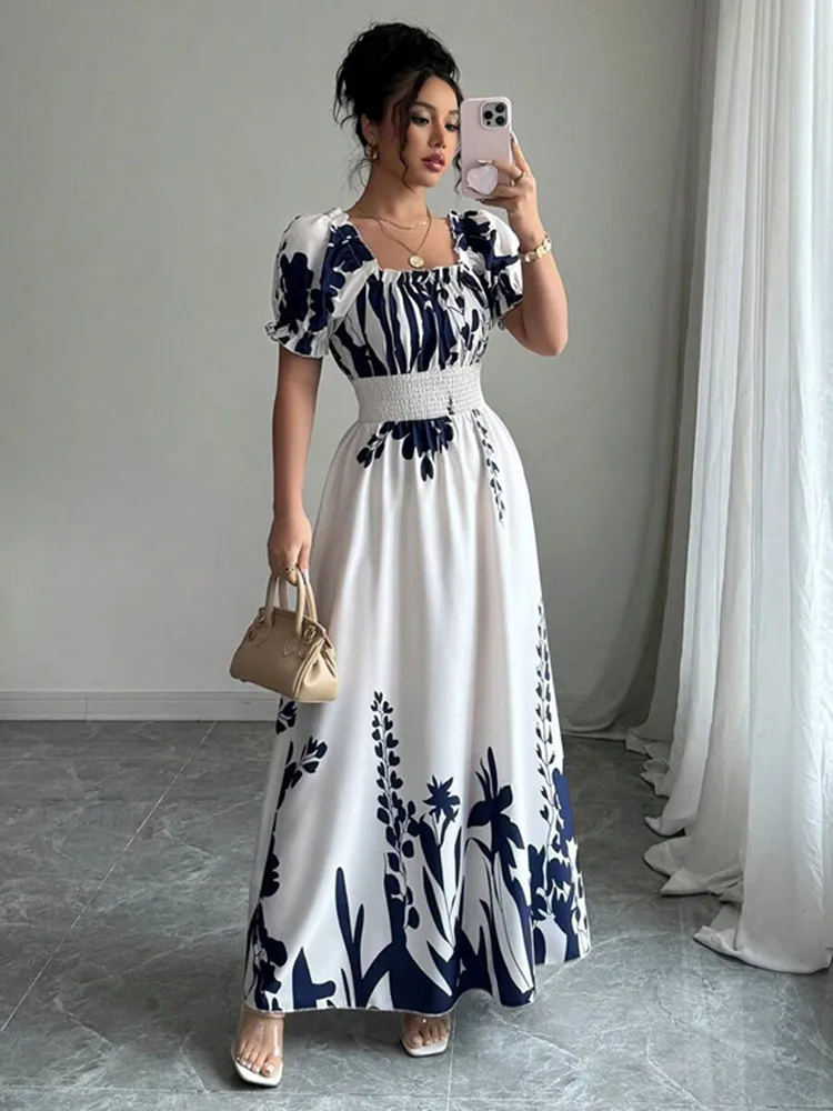 

BKLD 2025 Summer New Puff Sleeve High Waist Folding Fashion Printed Women's Large Swing Party Dresses Square Collar Long Dresses