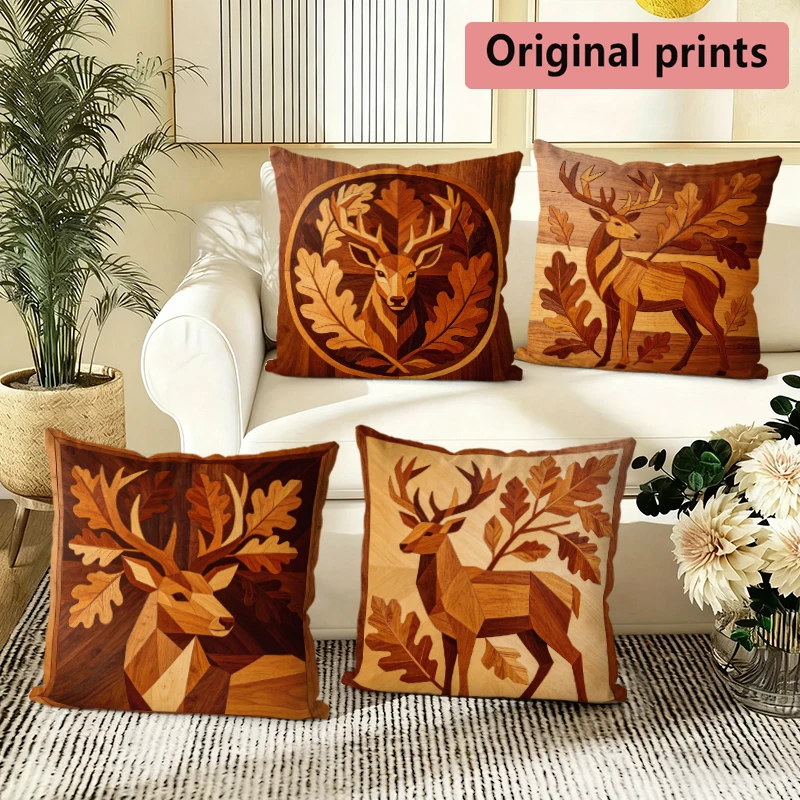 Wooden Deer Pattern Cushion Cover Suitable for Sofa Bedroom Car Pillow Cover
