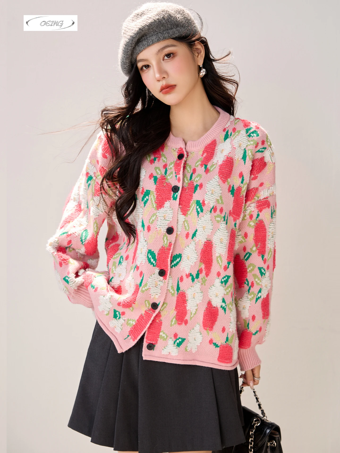 

Sweet Pink Jacquard Knitted Sweater Cardigan Coat Women Autumn Winter Thick Loose Japan Style Single Breasted Knitwear Tops 6036