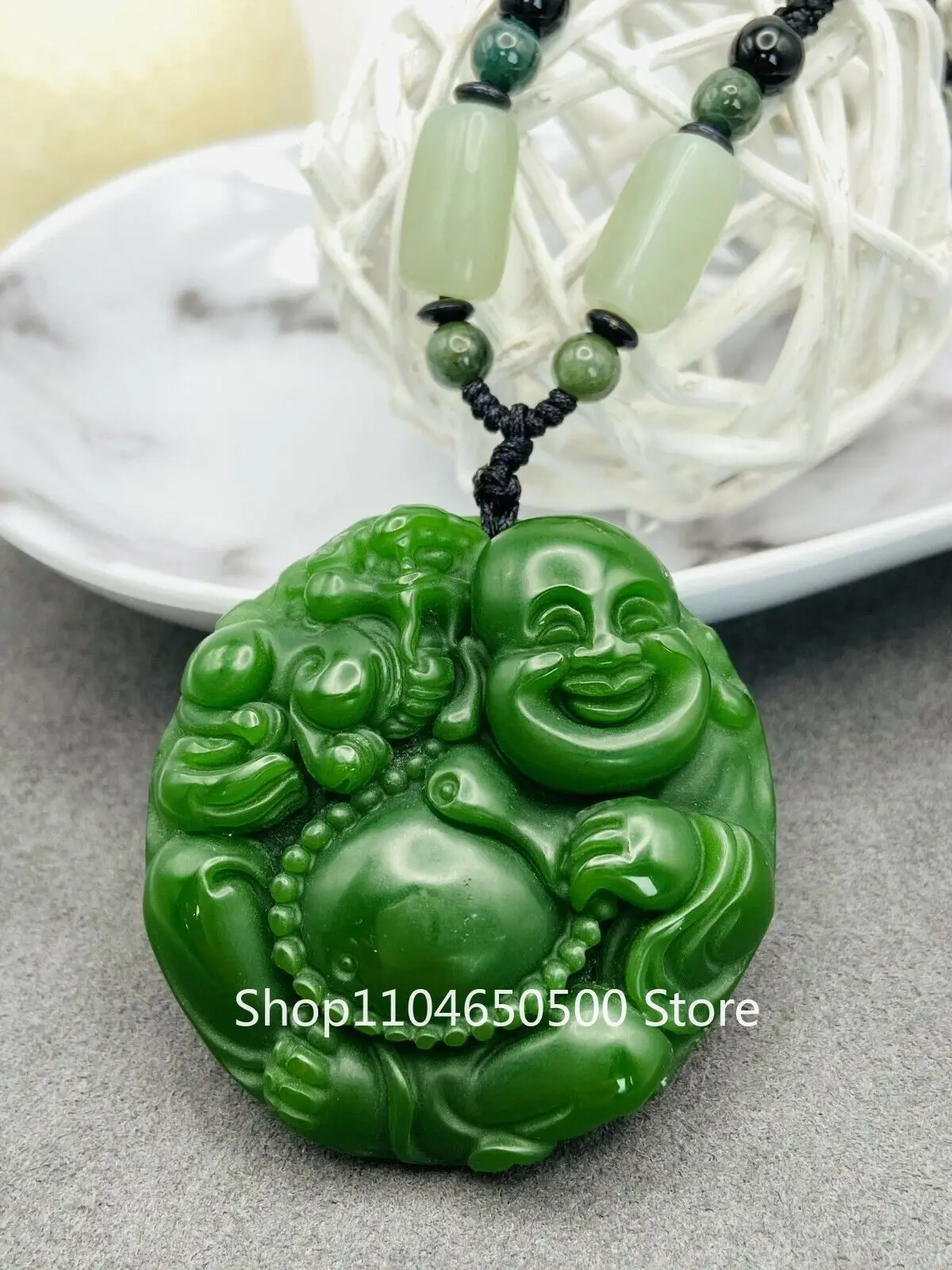 

Jade Buddha Charm Pendant Necklace Beads Cord Chain Handmade Carved Gemstone
