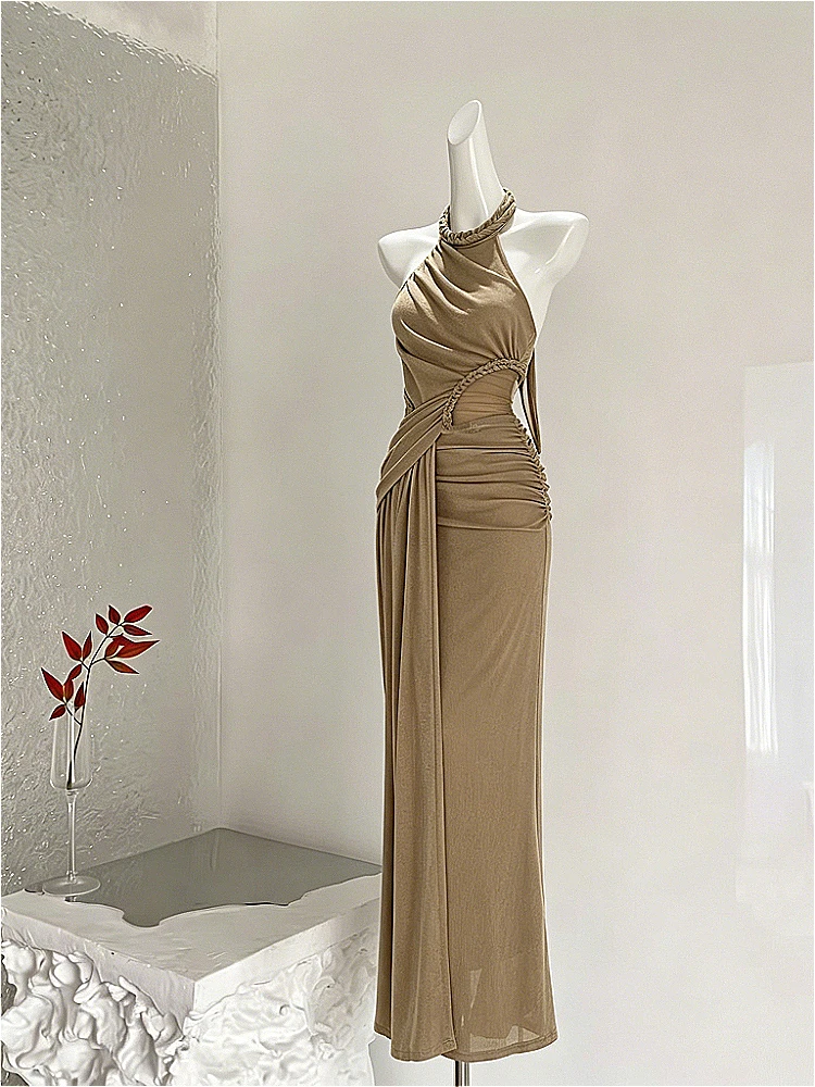 

Summer Women's Casual Dresses Folds Gauze High Waist Design Fitted Elegant Party Dresses Chic Vintage Daily Female Prom Outfits