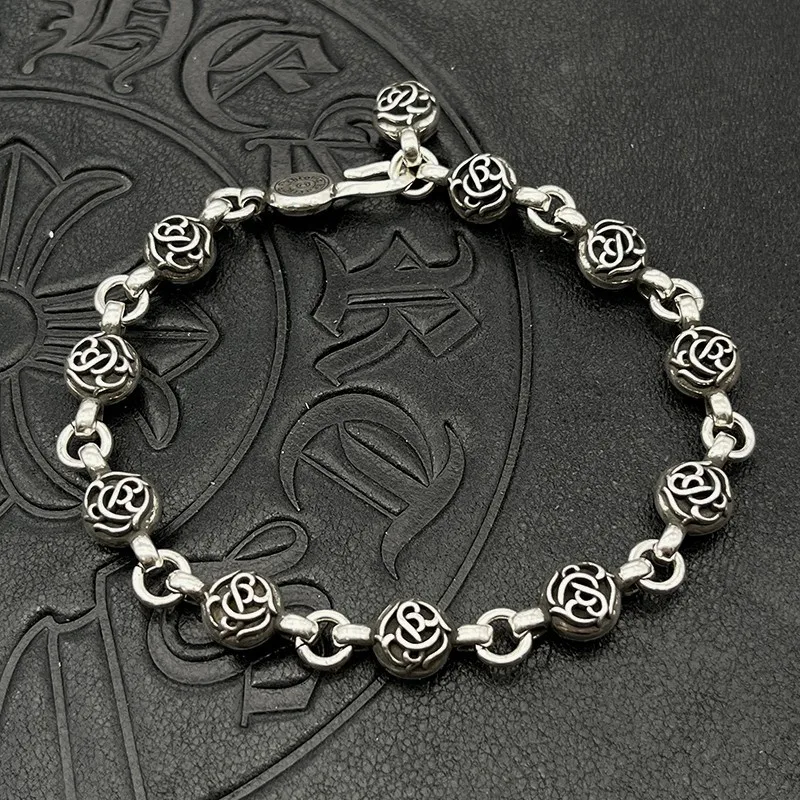 

S925 sterling silver punk hip hop retro vine flower ball bracelet men and women's jewelry flower classic adjustable wholesale