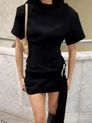 Women's Waist Slim Dress Horseshoe Buckle O-neck Short Sleeves Mid-waist Back Zipper Solid Mini Dress Summer New Chic Dress