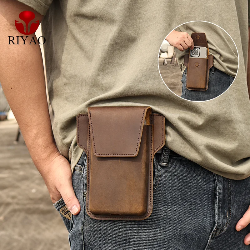 RIYAO-riñonera de cuero genuino para hombre, funda Vertical para teléfono móvil, con Clip para cinturón, para iphone y Samsung