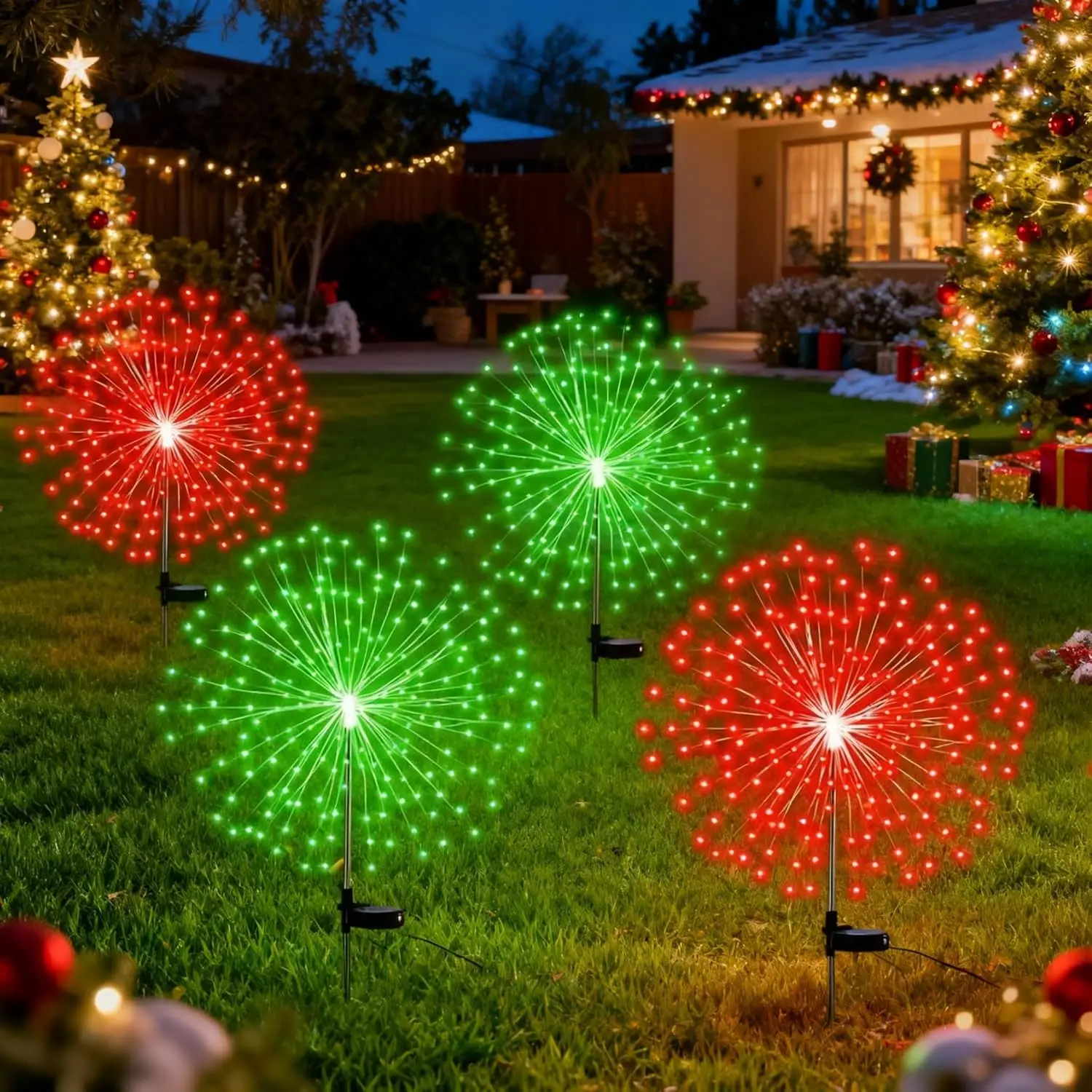 

4 Pack Christmas Solar Firework Lights, 180 LED Waterproof Garden Pathway Lights, 8 Modes, Red Green