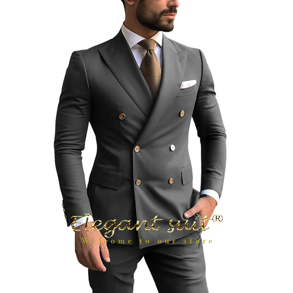 Men's navy blue business double-breasted suit 2-piece set (jacket + trousers) classic gold button peak collar formal wear