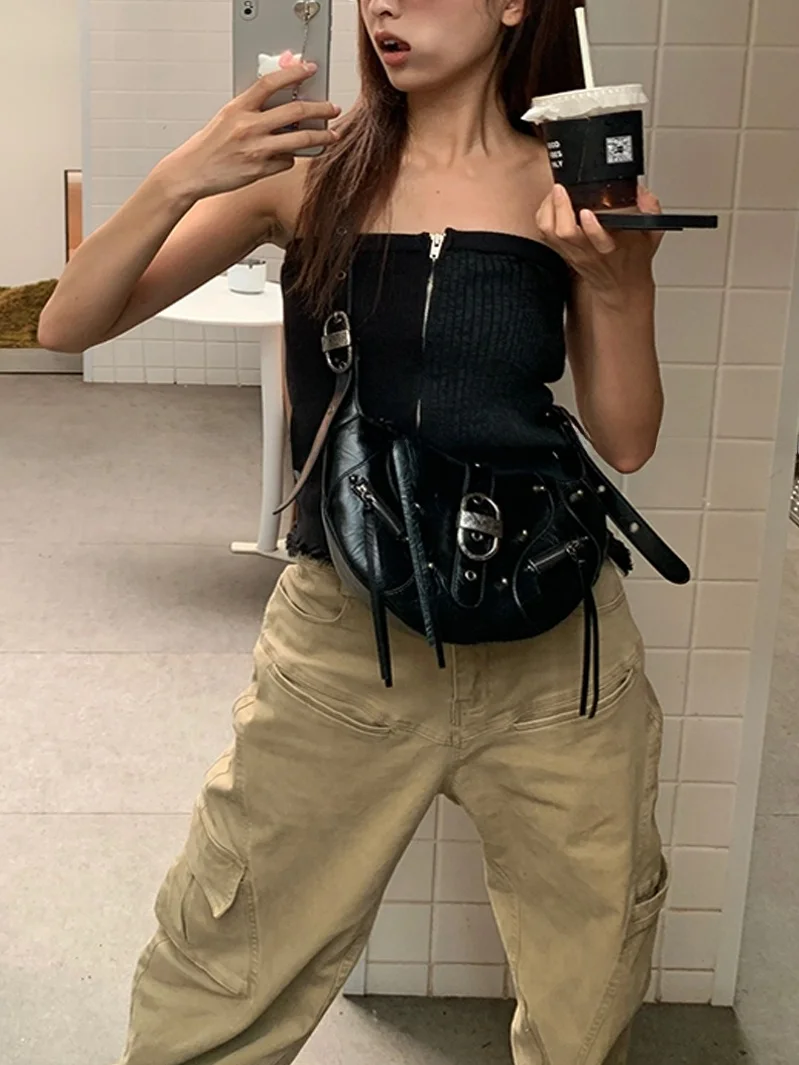 Khaki Workwear Pants Women's Loose Wide Leg Pants Multiple Pockets Street Style High Waist Long Trousers Autumn Fashion