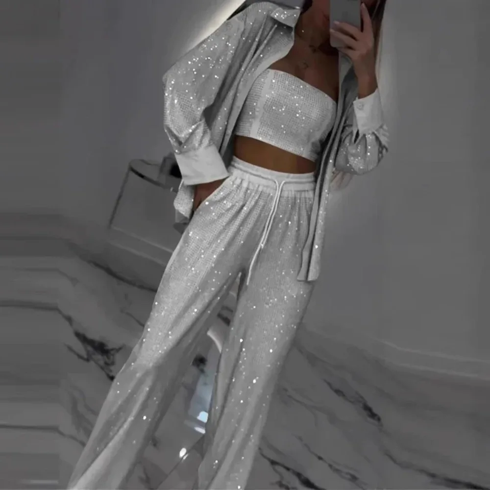 Sexy Pailletten glänzendes dreiteiliges Set Damen trägerloses Tube Top & Revers Hemd Mantel & Schnürhose Outfits Frühling Herbst Hohlanzug