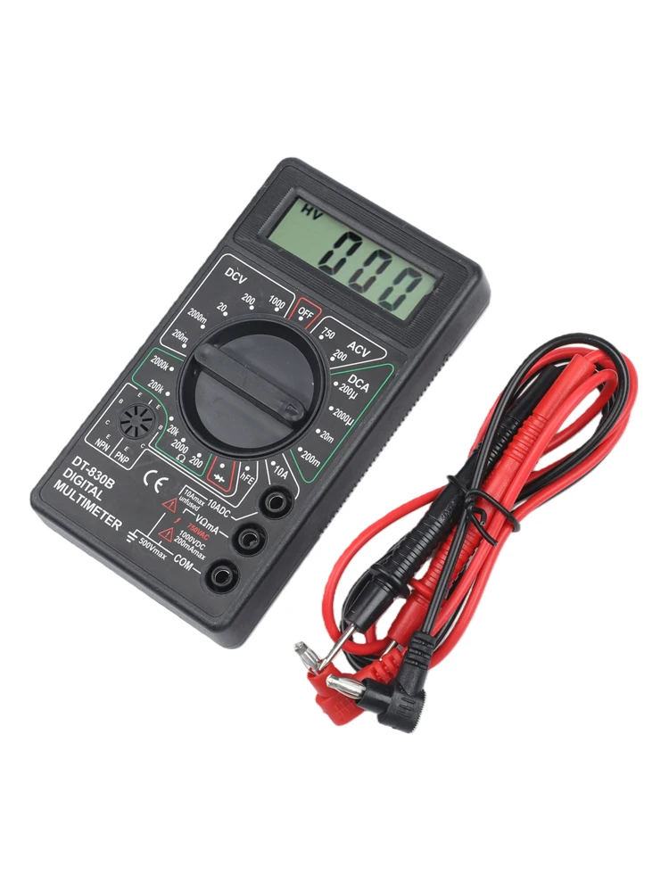 Compact DT830B Multimeter for Measuring AC DC Voltage Resistance and Transistor Polarity with Rubber Coated Test Probes