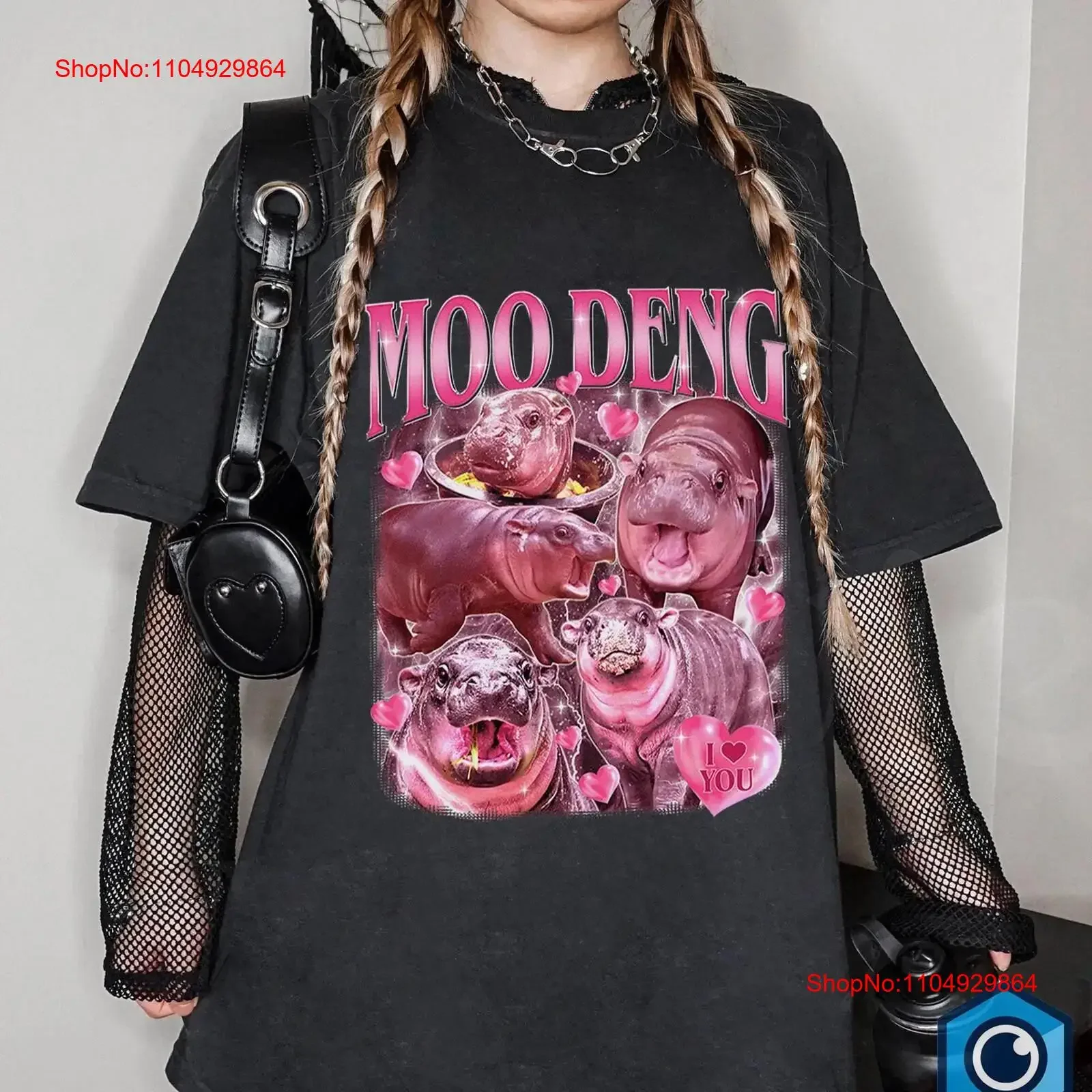 تي شيرت Moo Deng Bootleg Rap I Love Funny Hippo Lover عتيق مغسول وممتد وقابل للتنفس قليلاً