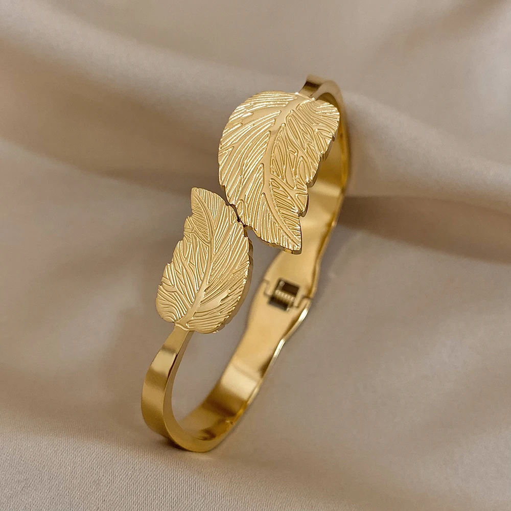 Greatera Chunky Leaf Stainless Steel Cuff Bracelet Bangles for Women Gold Plated Metal Leaves Bracelets Waterpfoof Jewelry