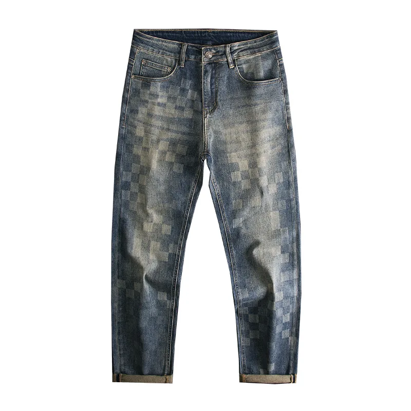 Light luxury trendy jeans men's mosaic checkerboard print loose straight tube American fashion design sense long pants