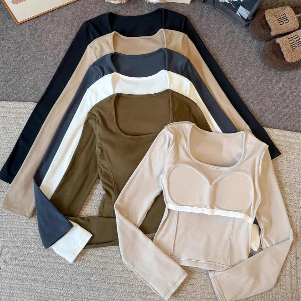 Early Autumn Pure Desire Style Long Sleeve Fleece Thermal T-Shirt Women's Slim Fit Fixed Band Chest Pad Slimming Top