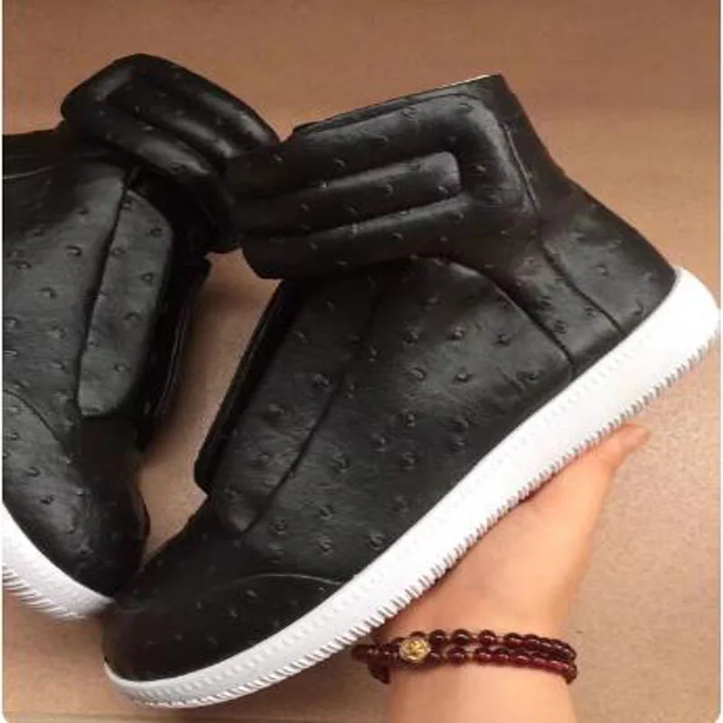 Man Bright Yellow Black Solid Ostrich Pattern Leather Round Toe High Top Flat Sneakers Male Ankle Wrap Outdoor Casual Shoes
