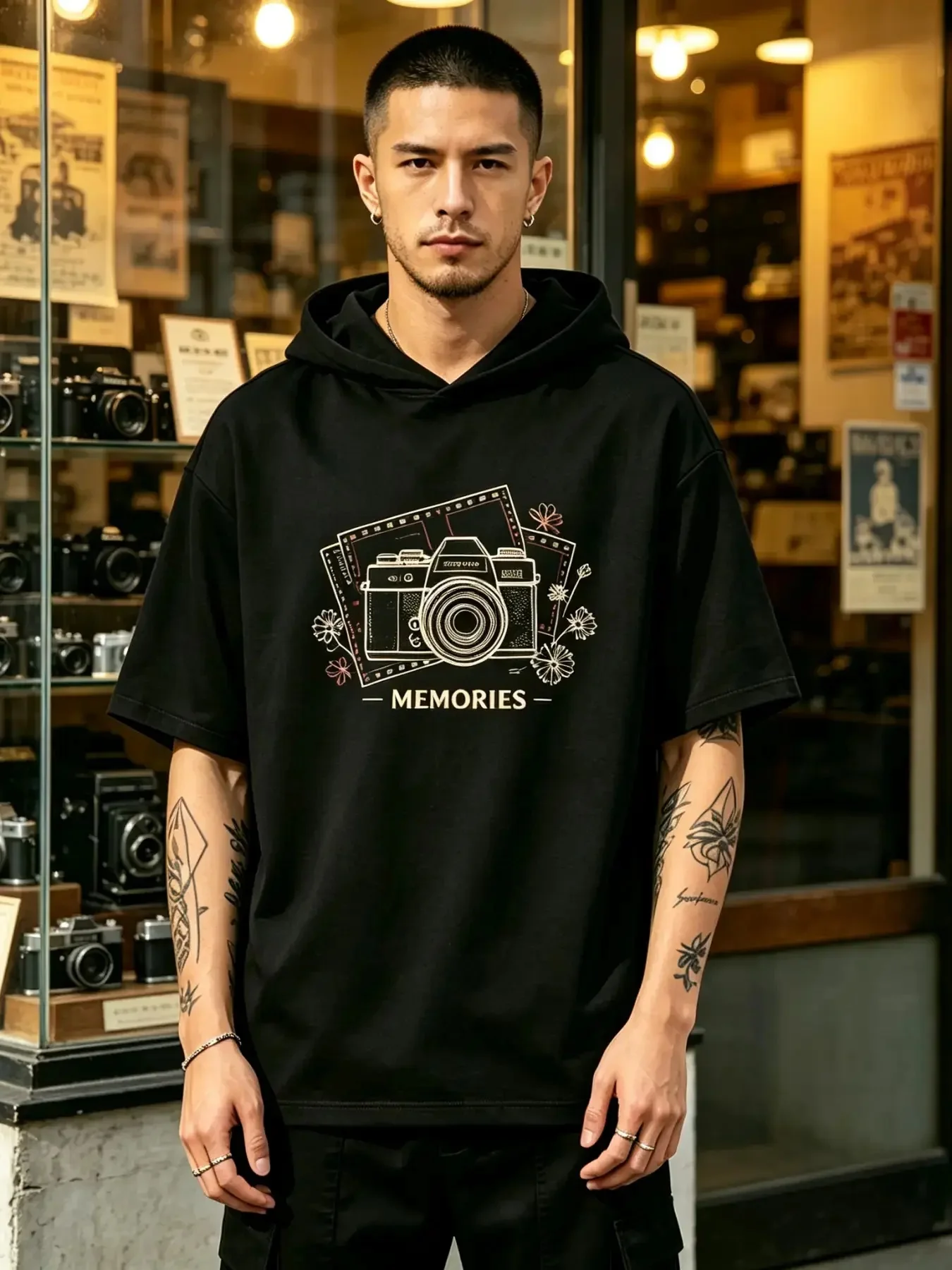 Men's Short Sleeve Hooded T-Shirt, Vintage Camera MEMORIES Graphic Hoodie Tee, Relaxed Fit Casual Streetwear Pullover Top
