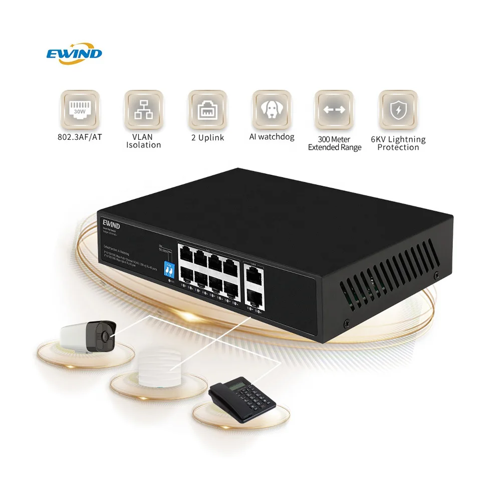 Full Gigabit POE Switch, 10 Ports Ethernet Switcher, 1000Mbps, 8 PoE, 2 RJ45, Uplinks, IEEE802.3af, at 120W for IP Camera