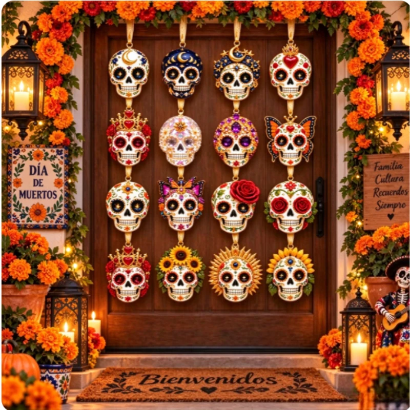 2D Day of the Dead Sugar Skull Acrylic Charms – Festive Hanging Ornament Decoration Set