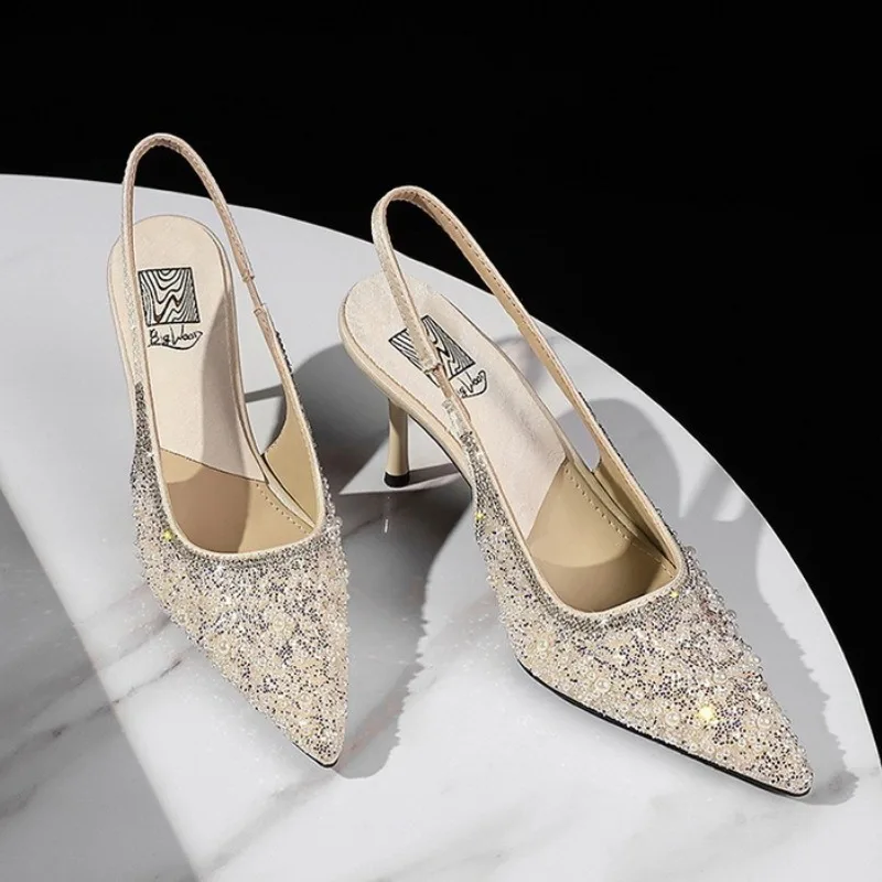 Sequin Shiny Crystal High Heels for Woman Luxury Designer String Bead Pointed Toe Pumps Elegant Slingback Wedding Bridal Shoes