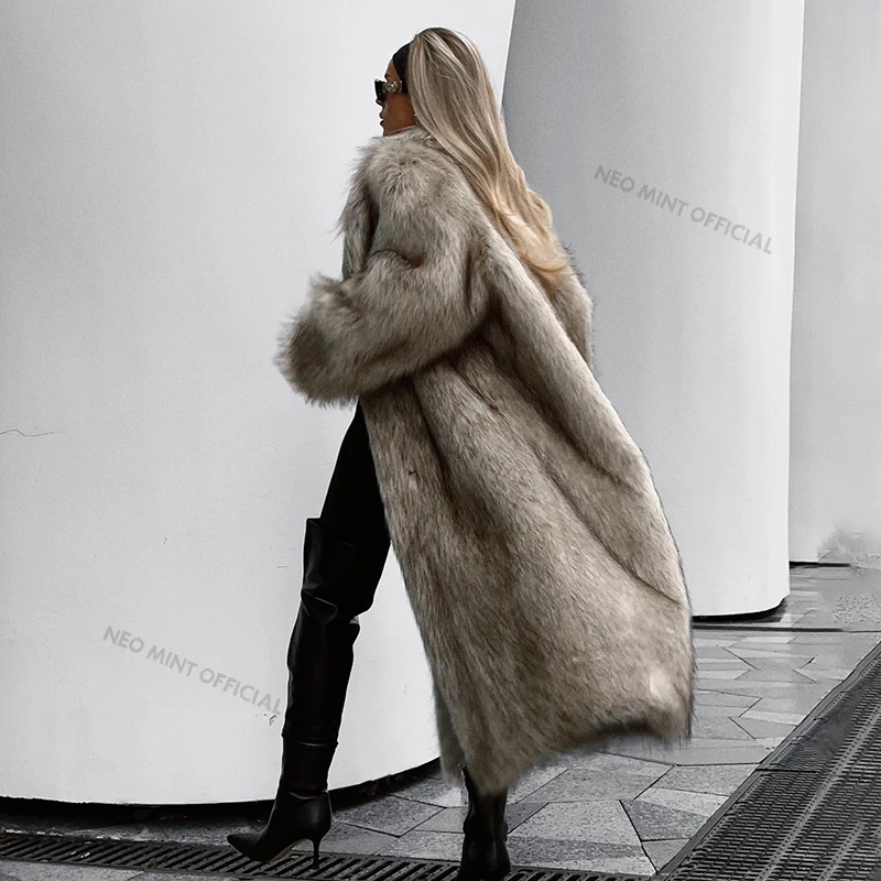 Neo Mint Luxury Mob Wife Aesthetic Long Faux Fur Coat Women Winter 2024 Fluffy Gradient Fox Fur Jacket Female Furry Overcoat