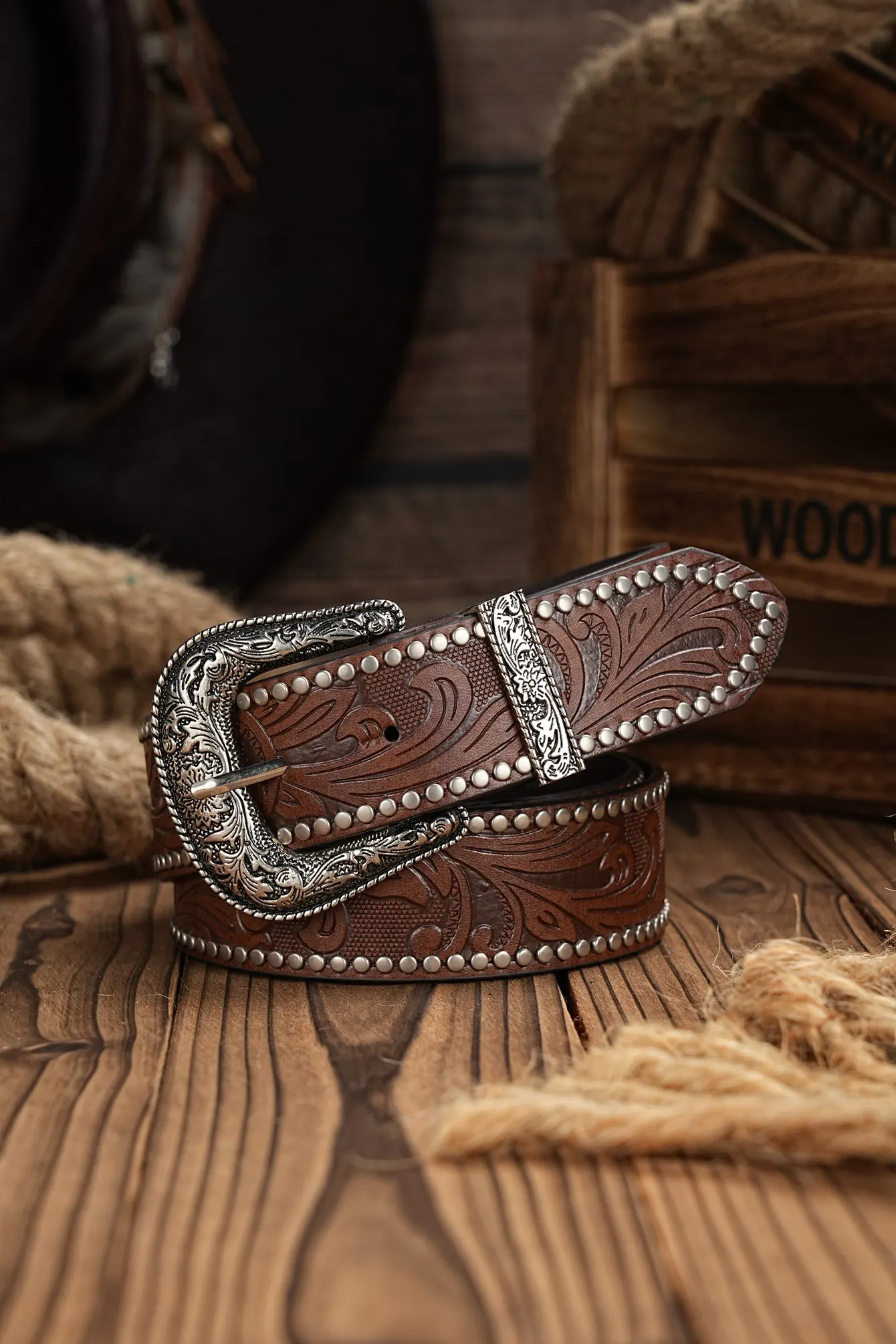 Western Cowboy PU-Ledergürtel – Herren-Hüftgurt, Stier-Dekoration, Blumenmuster, graviert für Jeans – Detail 7