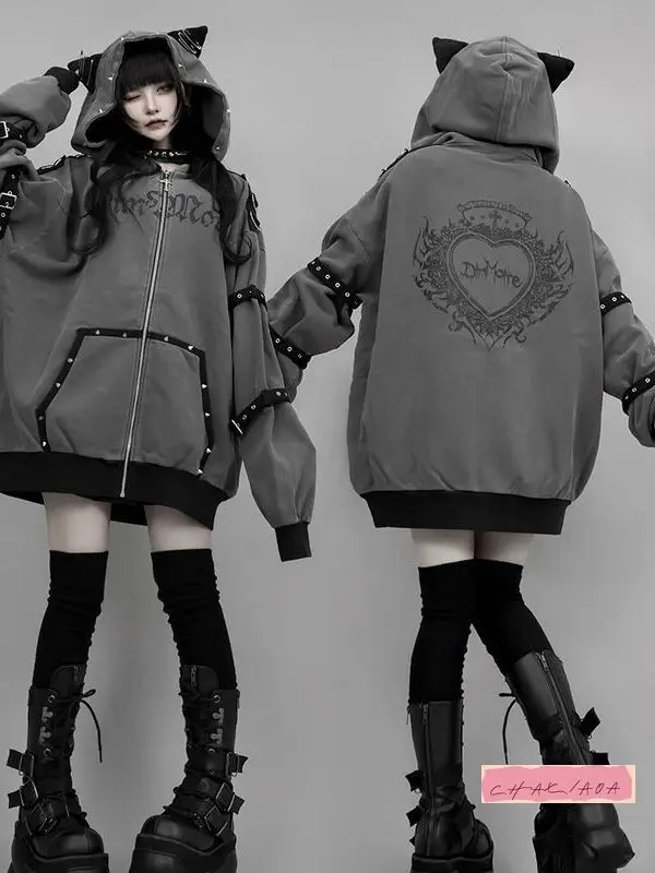 

Japanese Harajuku Y2K Casual Loose Zipup Sweatshirt Streetwear Fashion Aesthetics Letter Print Pocket Rivet Hoodie Autumn Winter