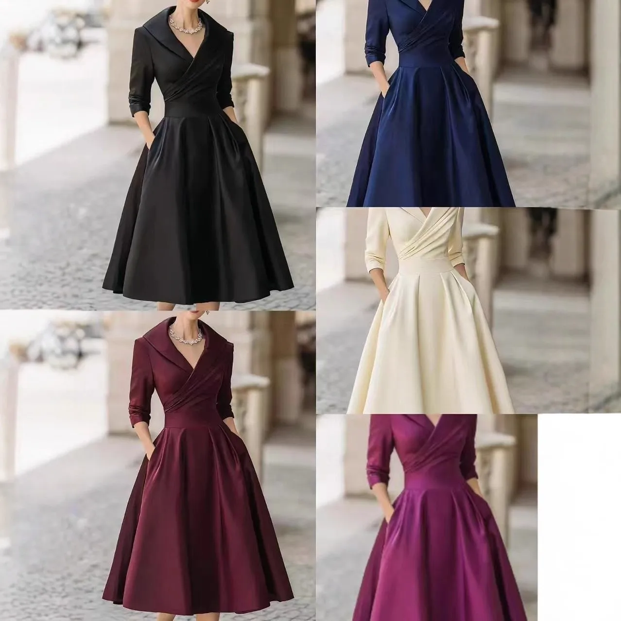 Women's Elegant Pleated Dress with Lapel Neck Sleeve High Waist Solid Color Asymmetrical Hem for Wedding Guest Party Prom