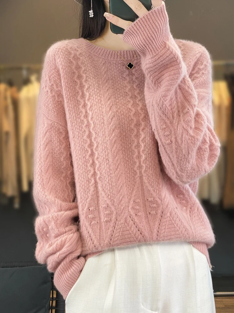 Damski sweter z okrągłym dekoltem w kwiaty jesienna zima 100% sweter z wełny Merino gruby, ciepły, podstawowy, koreański stylowe topy z dzianina z