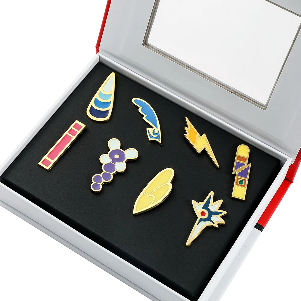 Pokemon-Abzeichen-Box-Set Kanto Johto Hoenn Sinnoh Unova Kalos Orange League Region Pins Broschen Taschenmonster-Sammlerstücke