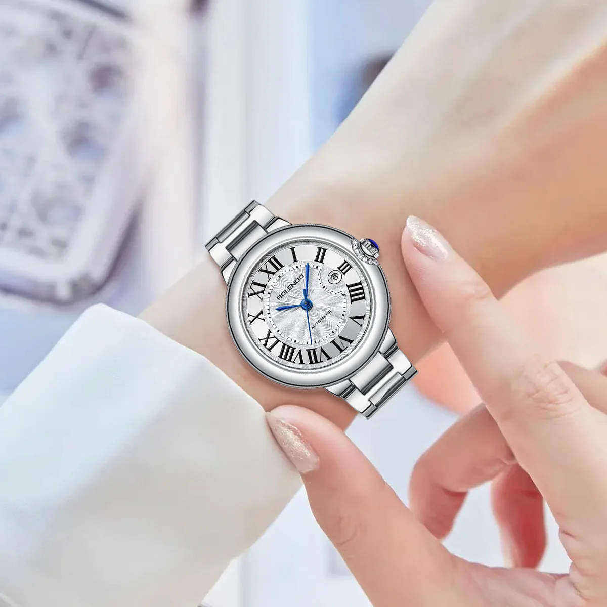 ROLENDO Blue Balloon Women's Mechanical Watch 33mm Sapphire Glass Silver Stainless Steel Water Resistant 30M Date Display Luxury