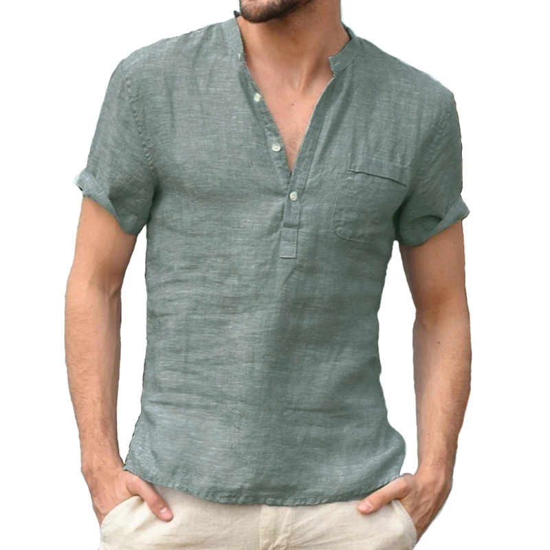 Summer Fashion Cotton Linen Casual T-Shirts Casual Male Short Sleeve V-Collar Breathable Men\'s Tee Button-up T S-5XL