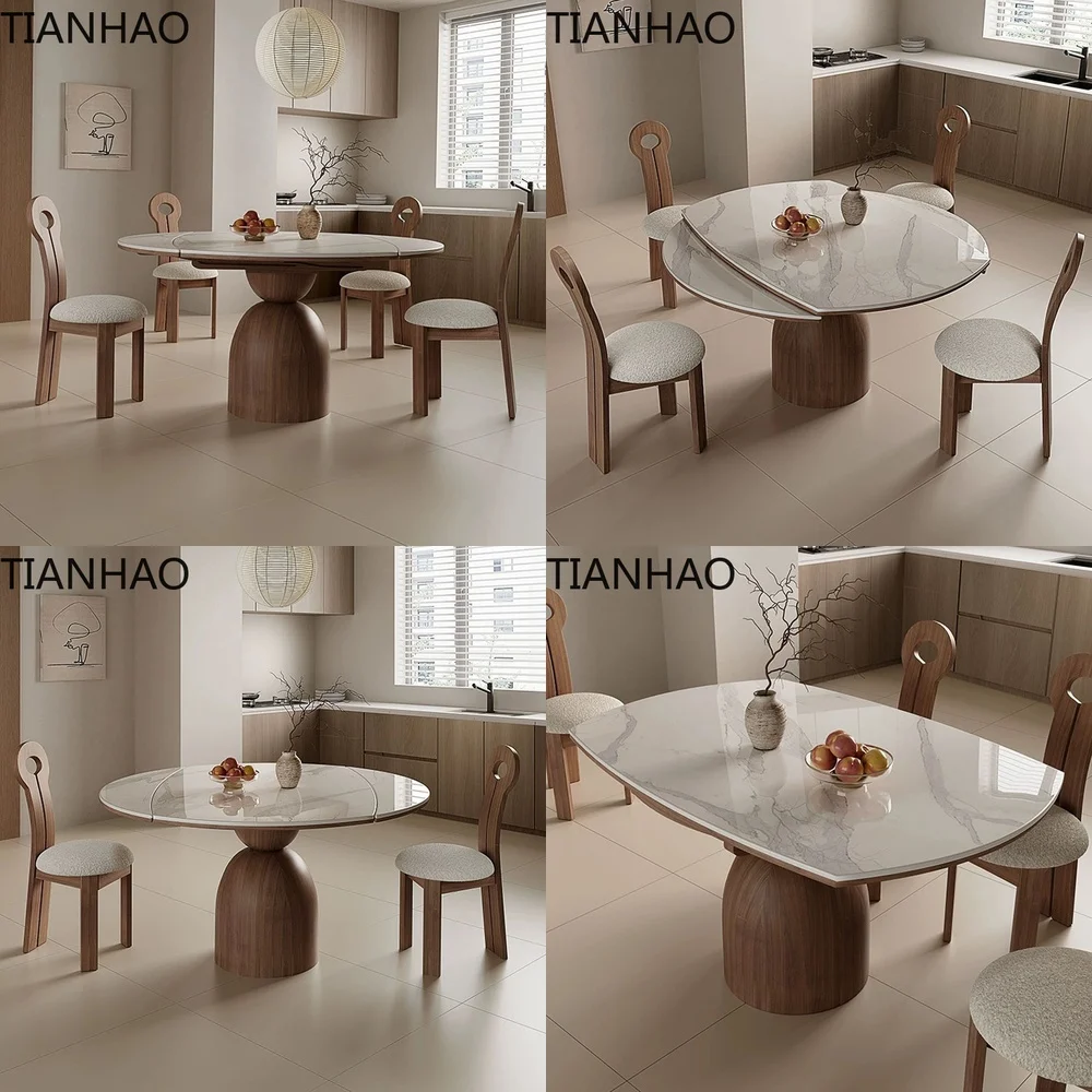 Round Sintered Stone Dining Table Set Modern Minimalist Light Luxury Cream-Colored Round Table with Built-in Rotating Tray